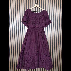 Tibi Dress XS Womens Burgundy Poplin Ruffled Silk Cotton Off Shoulder Trim Maxi